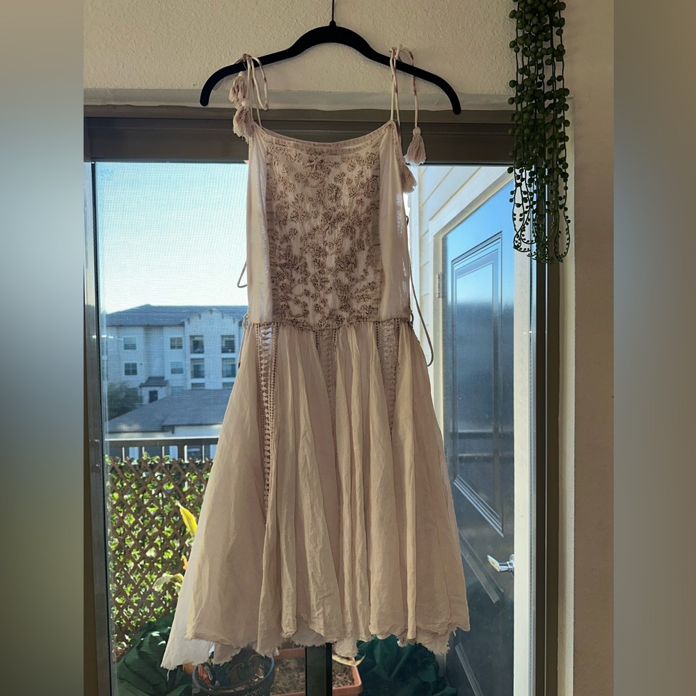 Free People Embroidered Cream Dress with Spaghetti Straps
